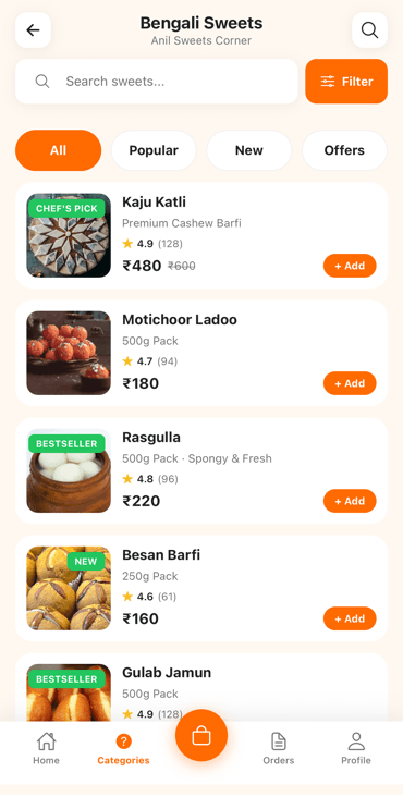 Anil Sweets category screen with searchable sweet listings