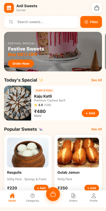 Anil Sweets app home screen showing search, festival offers and popular sweets