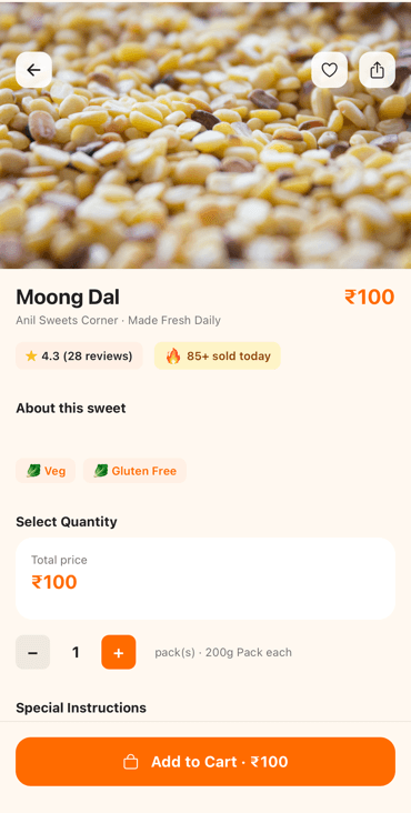 Anil Sweets product details screen with quantity and add to cart controls